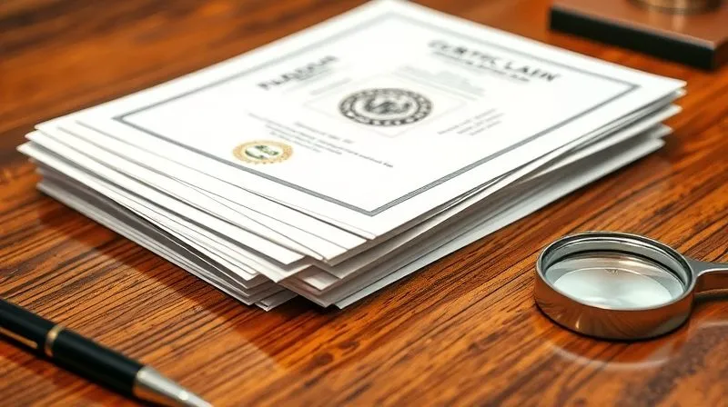 A photorealistic image of a series of official-looking legal documents and certificates, some with official seals, neatly stacked on a polished wooden desk, with a pen and a magnifying glass nearby. The focus is sharp on the documents, conveying legal authority and meticulous organization. Cinematic lighting, depth of field, 8K, shot on a high-end DSLR.