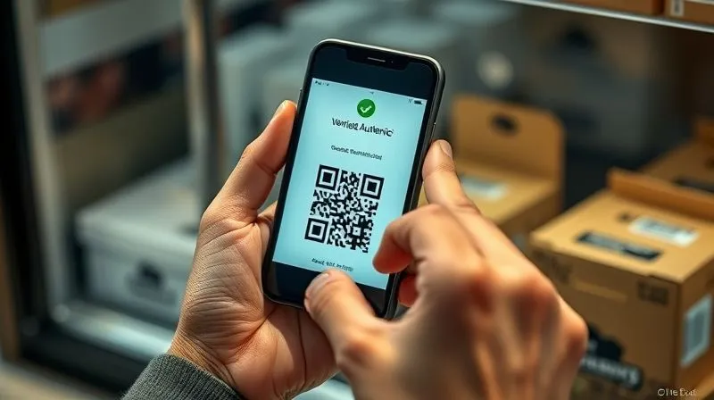 A photorealistic, professional photography, 8K image of a person's hand holding a smartphone, scanning a QR code on a product package. The phone screen displays a 'Verified Authentic' message with a green checkmark. The product packaging is clearly branded. Cinematic lighting, sharp focus on the phone and product, depth of field, shot on a high-end DSLR.