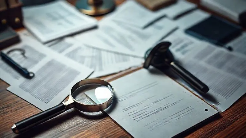 A photorealistic image of a detective's desk, with scattered documents, a magnifying glass, and a notepad, symbolizing a thorough and impartial investigation. Cinematic lighting highlights key documents, sharp focus on the details, depth of field blurring the background, 8K hyper-detailed, professional photography.