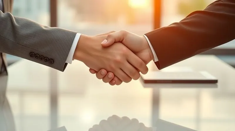A handshake between two business professionals across a polished desk, signifying a final agreement and mutual understanding, with a soft, respectful atmosphere. The lighting is professional and warm, focusing on the hands. Photorealistic, 8K, cinematic lighting, sharp focus on the handshake, depth of field blurring the background, shot on a high-end DSLR.
