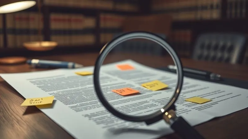 A photorealistic image of a complex legal document with multiple highlighted sections and sticky notes, overlaid with a magnifying glass focusing on the fine print. The background is a dimly lit, professional law office with shelves of law books. 8K, cinematic lighting, sharp focus on the document, depth of field blurring the background, shot on a high-end DSLR, conveying meticulous legal review and complexity.