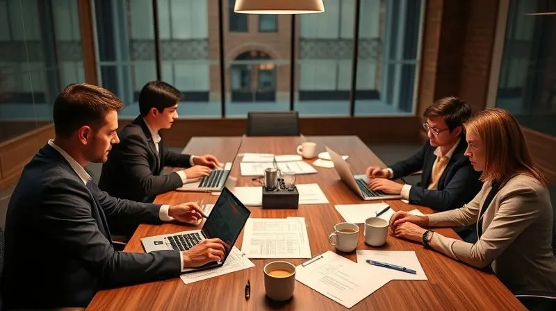 A photorealistic image of a legal team collaborating around a large conference table, reviewing documents and discussing strategy. There are laptops open, legal pads, and coffee cups. The lighting is bright and professional, emphasizing focus and teamwork. 8K, cinematic lighting, sharp focus on the team, depth of field blurring the background, shot on a high-end DSLR, conveying strategic planning and legal diligence.