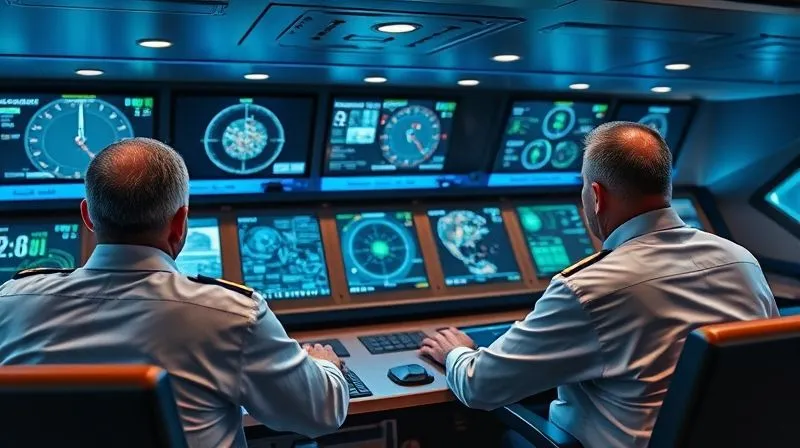 Photorealistic image of a ship's modern bridge, two officers intently monitoring multiple high-tech screens showing radar, ECDIS, and AIS data, illuminated by soft blue light, sharp focus on the control panels, 8K, cinematic lighting, depth of field blurring the background, shot on a high-end DSLR.