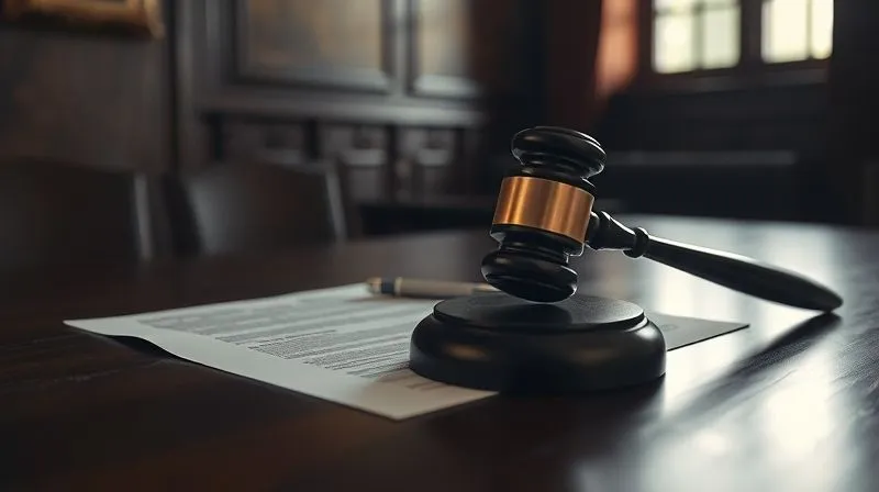 Photorealistic image of a legal document, partially obscured, with a gavel resting next to it on a dark wooden table, the background subtly blurred to show a courtroom setting with natural light streaming through a window, conveying seriousness and the weight of legal proceedings, 8K, cinematic lighting, sharp focus on the document and gavel, depth of field, shot on a high-end DSLR.