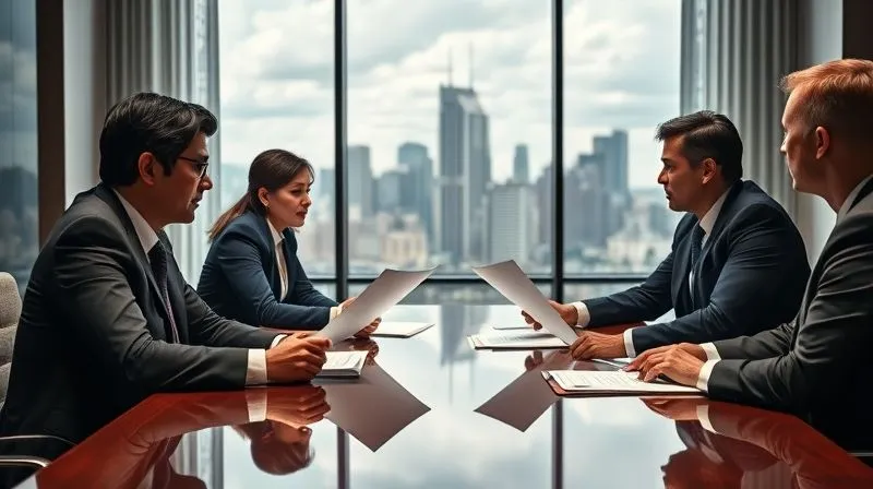 Photorealistic image of two legal teams seated at a polished conference table, engaged in intense negotiation, one side with serious expressions, the other presenting documents, with a large window overlooking a city skyline in the background, conveying professionalism and high stakes, 8K, cinematic lighting, sharp focus on the faces and documents, depth of field, shot on a high-end DSLR.