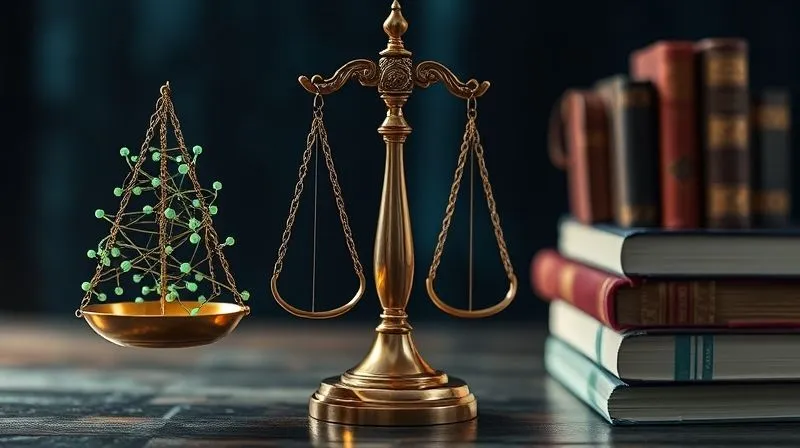 A photorealistic image of a legal scales of justice, one side heavily weighted with digital data streams and online symbols, the other with traditional law books, cinematic lighting, sharp focus on the scales, depth of field, 8K hyper-detailed.