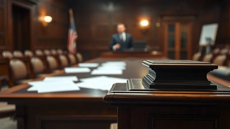 A photorealistic image of a courtroom setting with a judge's bench prominently in the foreground, legal documents scattered on the table, and a blurred figure of a plaintiff speaking. Cinematic lighting, sharp focus on the bench and documents, depth of field blurring the background. Shot on a high-end DSLR, 8K hyper-detailed.