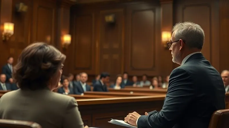 Photorealistic image of a courtroom scene from the perspective of the jury box, focusing on a plaintiff and their attorney presenting their case, with a subtle emphasis on the plaintiff's emotional state (e.g., determined, vulnerable). Cinematic lighting highlights the human element, sharp focus on the plaintiff, depth of field blurring the background of the courtroom. The image should convey the weight of legal proceedings and human impact.