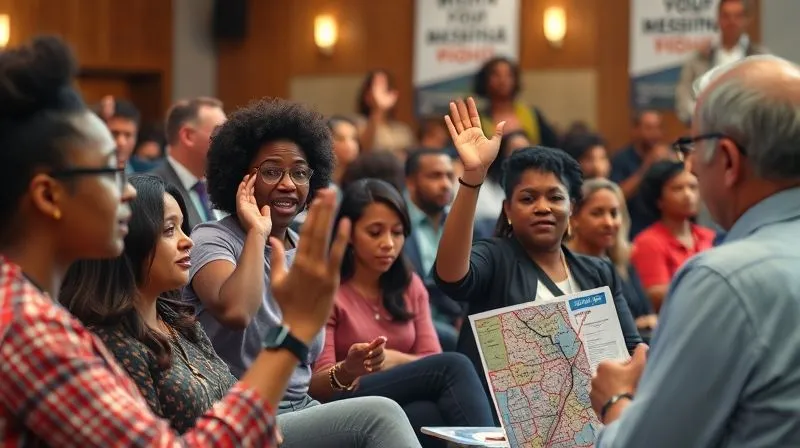 A photorealistic image of diverse community members actively participating in a town hall meeting about voting rights, with a lawyer facilitating the discussion. The atmosphere is engaged and hopeful, with people raising hands and discussing maps. Cinematic lighting, sharp focus on faces and interactions, depth of field blurring the background. 8K hyper-detailed, professional photography, shot on a high-end DSLR.