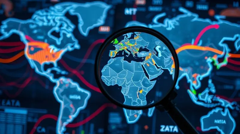 A photorealistic, professional photography, 8K, cinematic lighting, sharp focus, depth of field shot of a complex digital map showing data flows across continents, with different colored lines representing various data types. A magnifying glass hovers over a specific region, highlighting detailed data points. The mood is analytical and precise. Shot on a high-end DSLR.