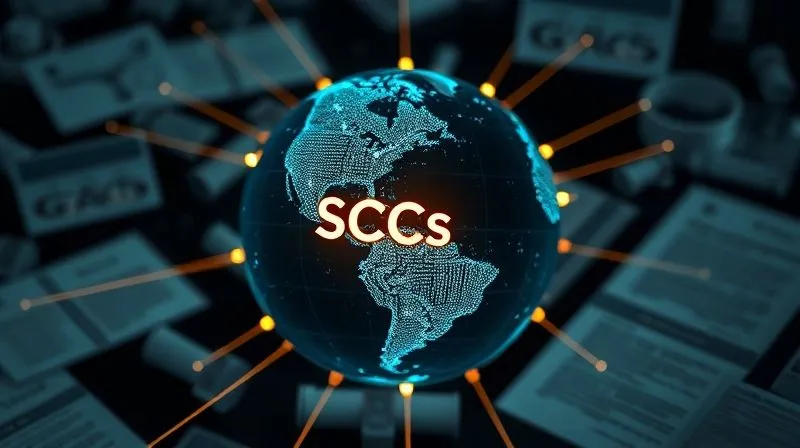 A photorealistic, professional photography, 8K, cinematic lighting, sharp focus, depth of field shot of a digital globe surrounded by various legal documents and contracts, with glowing lines connecting different regions. One specific document, labeled 'SCCs', is highlighted, symbolizing its central role. The mood is intricate and legally precise. Shot on a high-end DSLR.