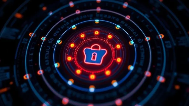 A photorealistic, professional photography, 8K, cinematic lighting, sharp focus, depth of field shot of multiple layers of digital security, represented by glowing concentric rings around a central data core. Each ring has symbols for encryption, access control, and threat detection. The background is dark and futuristic, emphasizing protection. Shot on a high-end DSLR.
