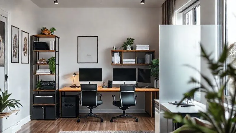 A photorealistic, professional photography, 8K, cinematic lighting, sharp focus, depth of field shot on a high-end DSLR, showing a well-lit home office where a clear visual divider, such as a modern shelving unit or a frosted glass partition, separates a dedicated workspace from the rest of the room. The office side features business equipment, while the other side is subtly out of focus, emphasizing the 'exclusive use' concept without showing personal items.