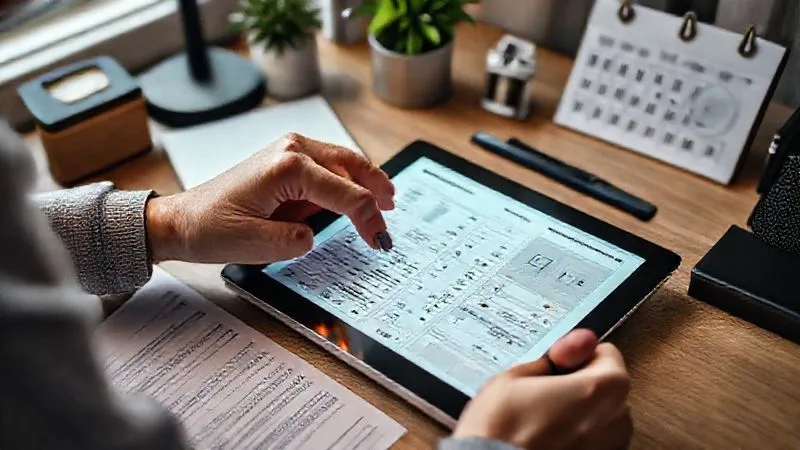 A photorealistic, professional photography, 8K, cinematic lighting, sharp focus, depth of field shot on a high-end DSLR, showing a person meticulously organizing digital receipts and expense reports on a tablet, surrounded by a subtle array of home office equipment and a calendar indicating tax deadlines. The scene conveys diligence, strategic financial management, and attention to detail in tracking business expenses.
