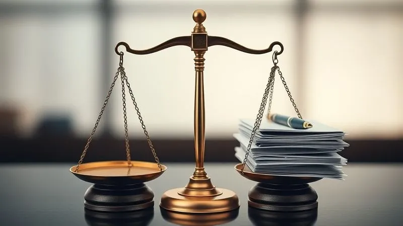 A photorealistic image of a legal scale perfectly balanced on one side, with stacks of legal documents and a pen on the other, symbolizing the delicate balance of legal leverage in negotiation. Cinematic lighting, sharp focus on the scale, depth of field blurring the background, 8K hyper-detailed.