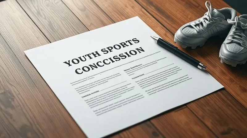 A photorealistic image of a legal document titled 'Youth Sports Concussion Protocol' open on a wooden table, with a pen and a pair of small sports cleats nearby, cinematic lighting, sharp focus on the text, depth of field blurring the background, 8K hyper-detailed.