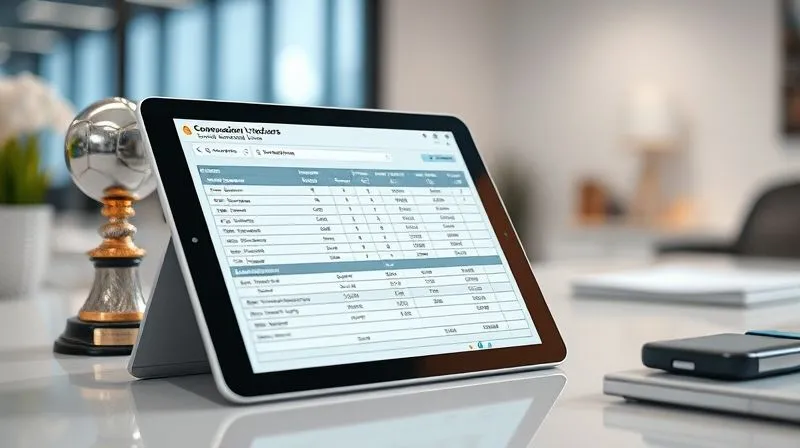 A photorealistic image of a secure, modern digital record-keeping interface on a tablet, displaying organized concussion incident reports with various data fields. The tablet is on a desk in a clean office, with a subtle sports trophy in the background. Cinematic lighting, sharp focus on the screen, depth of field, 8K hyper-detailed.