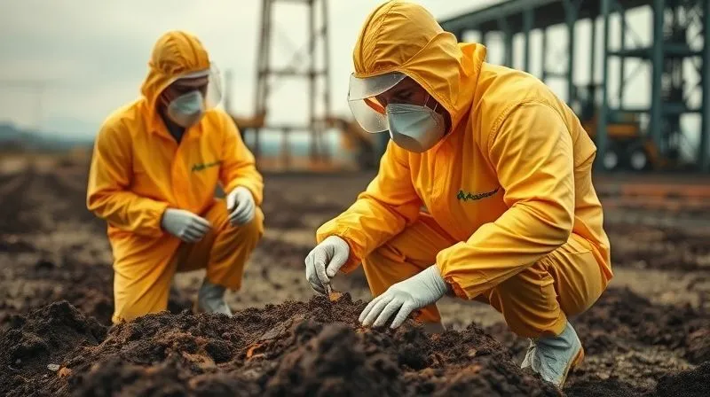 A photorealistic image of environmental scientists in hazmat suits collecting soil samples from a remediated industrial site, with analytical equipment visible in the background, cinematic lighting, sharp focus on the sampling process, depth of field blurring the distant remediated landscape, 8K hyper-detailed, professional photography, shot on a high-end DSLR.