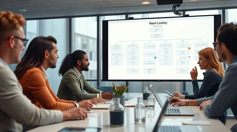 A photorealistic image of a team of diverse professionals in a modern conference room, intently analyzing a flow chart on a large screen, depicting a root cause analysis process, with analytical tools and laptops on the table, cinematic lighting, sharp focus on the team's engagement, depth of field blurring the background, 8K hyper-detailed, professional photography, shot on a high-end DSLR.
