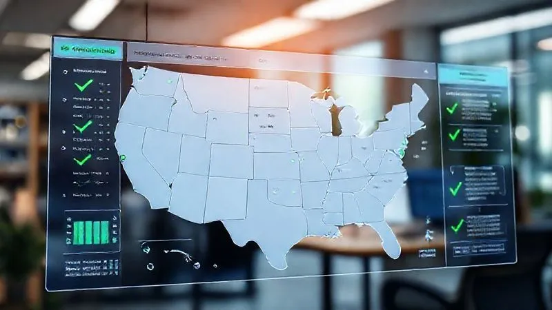 A photorealistic image of a sophisticated digital dashboard displaying various property tax deadlines, financial data, and compliance statuses across a map of the United States. The screen has a clean, professional interface with green checkmarks indicating compliance. Cinematic lighting, sharp focus on the central data, depth of field blurring the background office environment, 8K hyper-detailed.