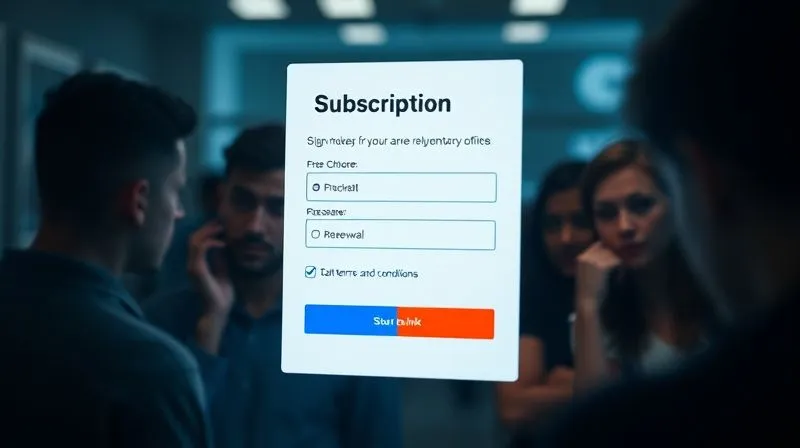Photorealistic, professional photography, 8K, cinematic lighting, sharp focus on a digital interface displaying a subscription sign-up form with subtly manipulative design elements, such as a pre-checked box for auto-renewal and a small, greyed-out link for terms and conditions. The image conveys a sense of unease or hidden complexity, with depth of field blurring a background of confused consumers, shot on a high-end DSLR.