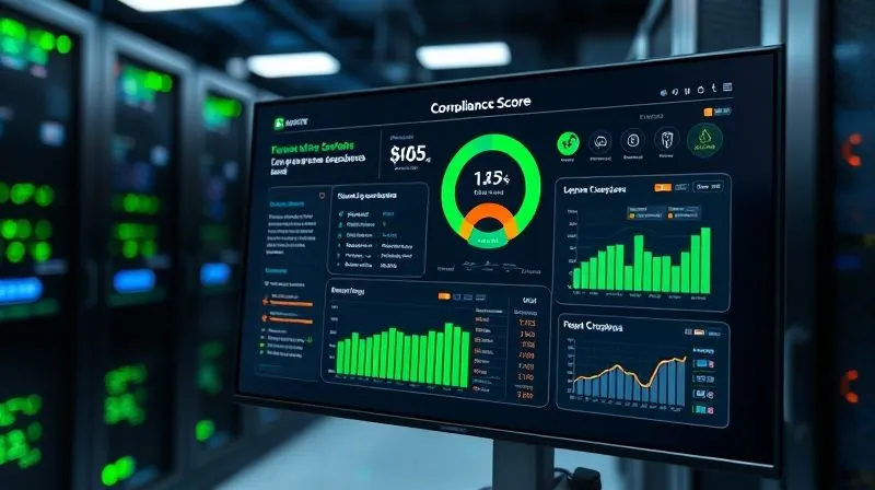 Photorealistic, professional photography, 8K, cinematic lighting, sharp focus on a futuristic digital dashboard displaying real-time compliance metrics, legal alerts, and AI-generated suggestions for improving subscription disclosures. The screen shows a green 'Compliance Score' and graphs of customer consent rates, with depth of field blurring a background of a modern data center, shot on a high-end DSLR.