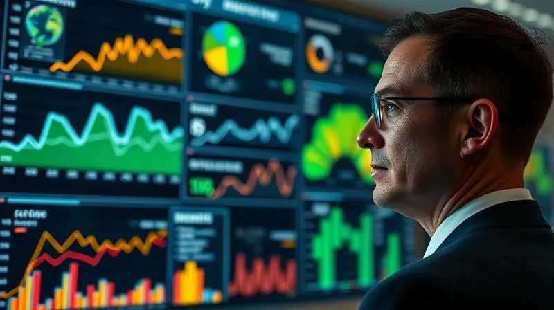 A photorealistic image of a complex data visualization dashboard showing environmental metrics, carbon emissions, and financial performance, with glowing lines connecting different data points. The screen is large and modern, reflecting in the face of a focused business executive. Professional photography, 8K, cinematic lighting, sharp focus on the dashboard, depth of field blurring the background, shot on a high-end DSLR.