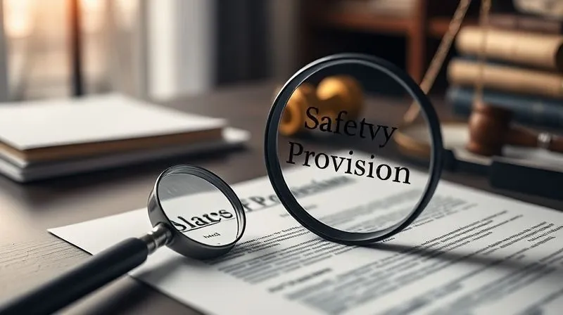 A photorealistic image of a legal document titled 'Safety Valve Provision' with a magnifying glass over it, highlighting key text, set on a dark wooden desk with soft, focused lighting. The background is blurred, suggesting a complex legal environment. Cinematic lighting, sharp focus, depth of field, 8K, professional photography, shot on a high-end DSLR.