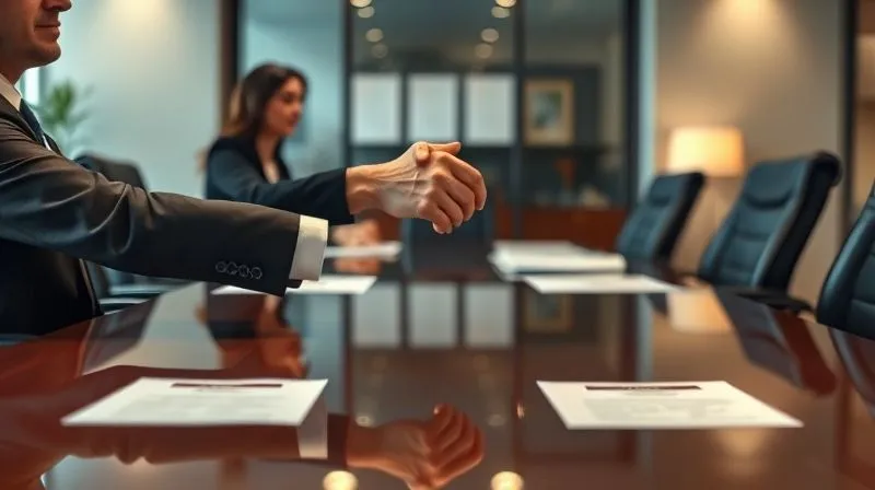 A photorealistic image of two professional individuals, one clearly a lawyer and the other a prosecutor, shaking hands across a polished conference table, suggesting a successful negotiation. The setting is a modern, well-lit legal office with legal texts subtly blurred in the background, conveying strategic resolution. Cinematic lighting, sharp focus, depth of field, 8K, professional photography, shot on a high-end DSLR.