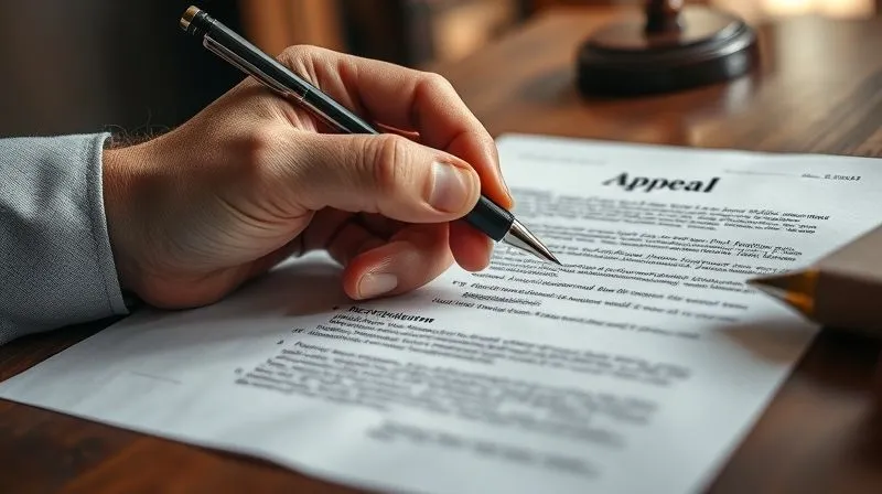 A photorealistic image of a weathered hand holding a pen, poised over a complex legal document with a section highlighted for 'Appeal' or 'Post-Conviction Relief'. The setting is a quiet study, with warm, focused lighting suggesting deep concentration and a second chance. Sharp focus, depth of field, 8K, professional photography, shot on a high-end DSLR.
