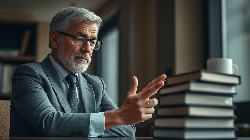 A photorealistic image of a highly experienced legal professional, perhaps a seasoned criminal defense attorney, confidently advising a client in a serious, private discussion. The attorney is gesturing towards a stack of legal books or documents, conveying expertise and guidance. Cinematic lighting, sharp focus on their faces, depth of field blurring the background, 8K, professional photography, shot on a high-end DSLR.