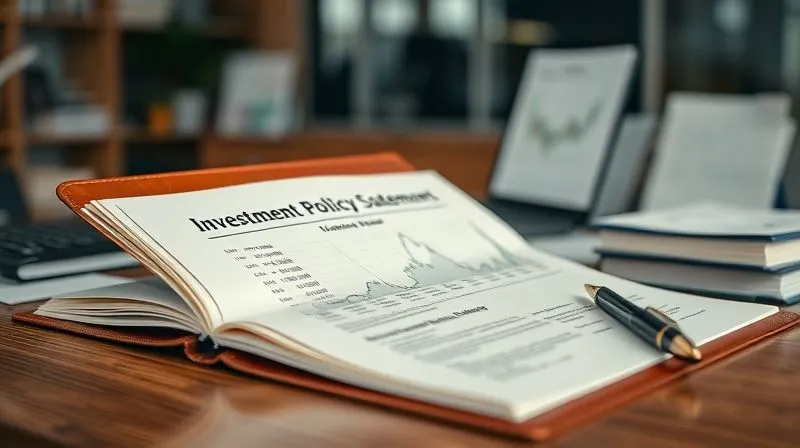 photorealistic, professional photography, 8K, cinematic lighting, sharp focus, depth of field, shot on a high-end DSLR. A meticulously organized desk with a leather-bound document titled 'Investment Policy Statement' open to a page with charts and financial data. A pen rests beside it, implying active review. The background is a soft-focused modern office, conveying diligence and strategic planning.