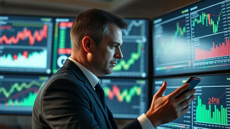 photorealistic, professional photography, 8K, cinematic lighting, sharp focus, depth of field, shot on a high-end DSLR. A financial analyst intently examining a complex array of digital charts and graphs on multiple screens, showing investment performance and fee structures. The scene is professional, with a focus on data analysis and prudent oversight.