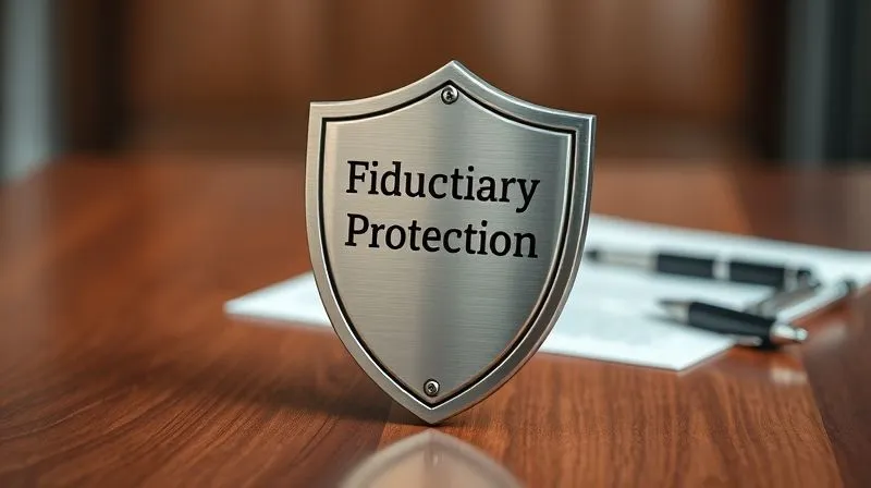 photorealistic, professional photography, 8K, cinematic lighting, sharp focus, depth of field, shot on a high-end DSLR. A stylized metallic shield engraved with 'Fiduciary Protection' standing upright on a polished wooden table, with blurred legal documents and a pen in the background. The lighting emphasizes the strength and security of the shield, symbolizing insurance and defense.