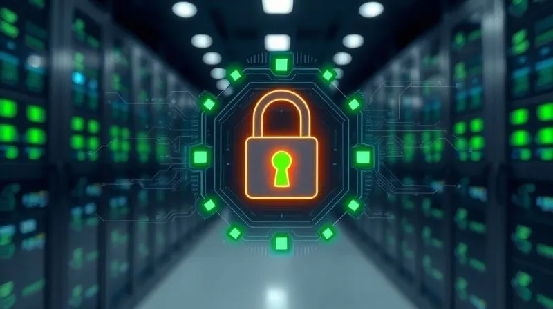 photorealistic, professional photography, 8K, cinematic lighting, sharp focus, depth of field, shot on a high-end DSLR. A complex digital lock interface with glowing green security indicators, overlaid on a blurred background of a secure data center. The image conveys advanced cybersecurity measures and digital protection for sensitive financial data.