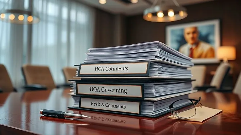 A photorealistic, professional photography, 8K, cinematic lighting, sharp focus, depth of field, shot on a high-end DSLR, of a meticulously organized stack of legal binders and documents, labeled 'HOA Governing Documents', on a polished mahogany desk, with a pen and reading glasses, suggesting careful review and modernization. The background is a softly lit, modern conference room.