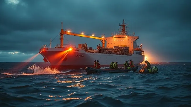 A photorealistic, professional photograph of a rapid response team deploying oil containment booms around a tanker in choppy waters at dawn, with searchlights illuminating the scene. 8K, cinematic lighting, sharp focus on the coordinated effort, depth of field blurring the distant horizon, shot on a high-end DSLR.