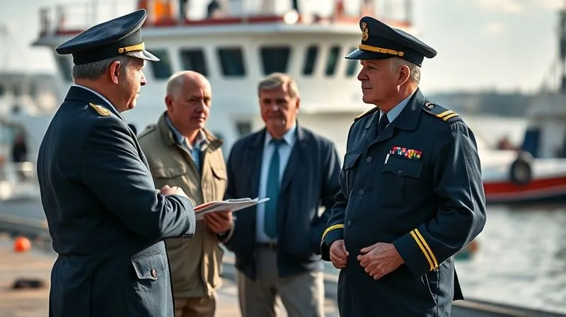 A photorealistic, professional photograph of a senior maritime legal expert in a crisp uniform, engaged in a serious but calm discussion with a government official and a local community leader on a dock, with a marine environment in the background. 8K, cinematic lighting, sharp focus on the faces and interaction, depth of field blurring the background, shot on a high-end DSLR.