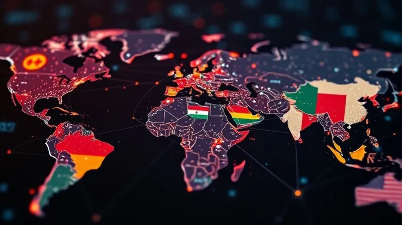 A photorealistic, professional photography, 8K, cinematic lighting, sharp focus, depth of field, shot on a high-end DSLR. A complex, glowing digital network map overlaid with subtle national flag patterns, converging on a central data node, symbolizing the global reach and state involvement in cyber warfare. The scene evokes a sense of intricate, dangerous connectivity.