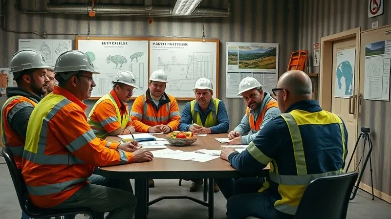 photorealistic, professional photography, 8K, cinematic lighting, sharp focus, depth of field, shot on a high-end DSLR, a diverse group of construction workers and environmental staff gathered around a table in a site office, attentively participating in a safety and environmental training session, looking engaged and serious, with blueprints and wildlife posters in the background.