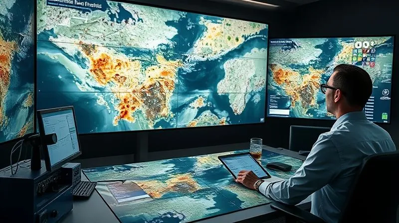photorealistic, professional photography, 8K, cinematic lighting, sharp focus, depth of field, shot on a high-end DSLR, a sophisticated GIS map displayed on multiple large monitors in a modern control room, showing overlaid layers of satellite imagery, habitat classifications, and projected development footprints, with a data scientist analyzing the map intently, symbolizing advanced environmental risk assessment.