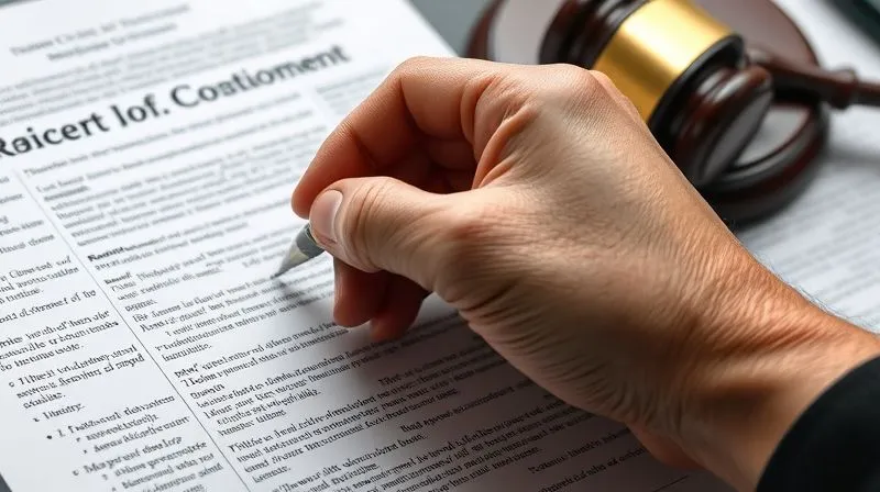A photorealistic, close-up shot of a hand highlighting a specific clause in a complex legal document with a pen, surrounded by blurred legal texts and a gavel in the background. Professional photography, 8K, cinematic lighting, sharp focus on the highlighted text, depth of field, conveying precision and legal scrutiny.