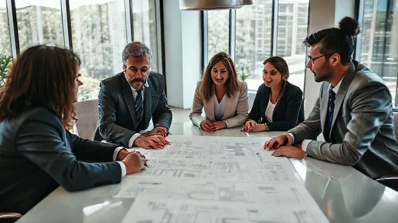 A photorealistic, professional photography, 8K, cinematic lighting, sharp focus, depth of field, shot on a high-end DSLR image of a diverse team of professionals – an architect, a lawyer, and a sustainability consultant – gathered around a large table with blueprints and legal documents, engaged in a serious discussion. The setting is a modern, sunlit conference room, symbolizing collaborative due diligence.