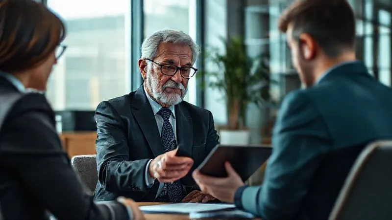 Photorealistic, professional photography, 8K, cinematic lighting, sharp focus, depth of field, shot on a high-end DSLR. A mentor (an older, wise-looking legal professional) is calmly explaining complex legal concepts to a younger client in a modern, sunlit office, using a tablet to illustrate points. The atmosphere is one of trust and clear communication, emphasizing education and guidance.