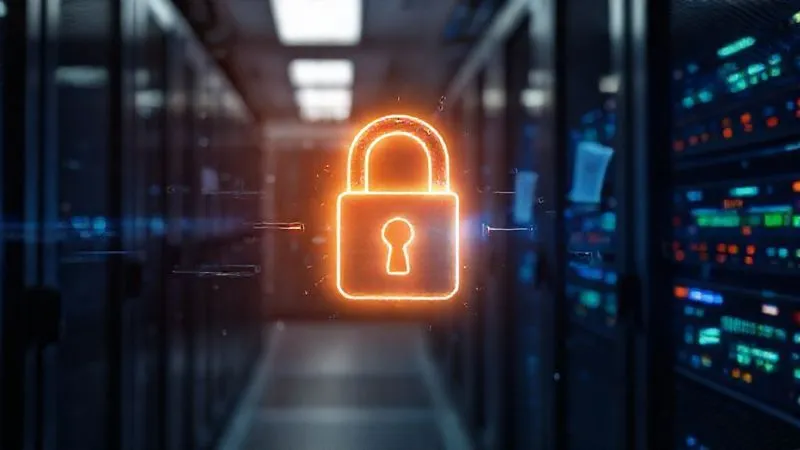Photorealistic, professional photography, 8K, cinematic lighting, sharp focus, depth of field, shot on a high-end DSLR. A glowing digital padlock icon superimposed over a stylized representation of secure server racks and flowing data streams, with abstract legal documents subtly integrated into the background, symbolizing advanced technological security for legal compliance in the digital age.
