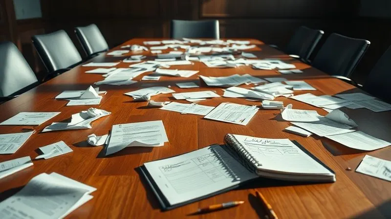 A photorealistic image of a tense meeting room table, with scattered, crumpled negotiation documents and a legal pad showing scribbled notes, reflecting a breakdown in communication. Empty chairs pushed slightly askew. Cinematic lighting casts long shadows, sharp focus on the table's chaotic surface, depth of field subtly blurring the background. 8K hyper-detailed, professional photography.