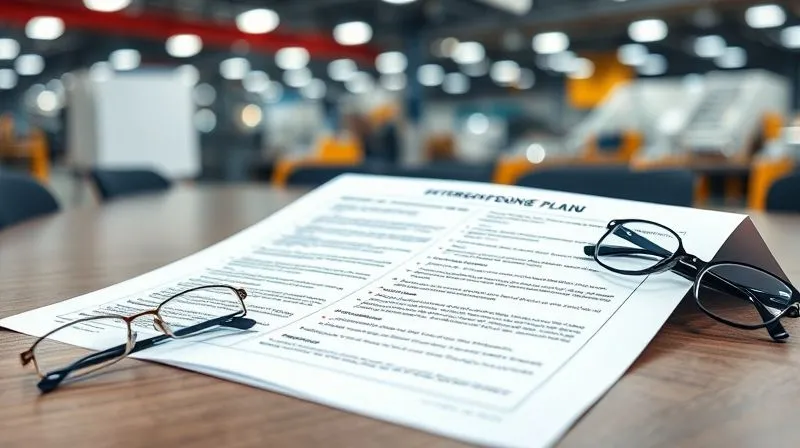 A photorealistic image of a detailed emergency response plan document spread on a conference table, with markers highlighting key sections related to labor dispute contingencies. A pair of reading glasses rests beside it. In the blurred background, a modern factory floor or office space is visible. Cinematic lighting, sharp focus on the document, 8K hyper-detailed, professional photography.