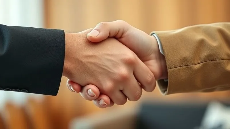 A photorealistic image capturing a firm handshake between two individuals: one hand in a professional business suit sleeve, the other in a more casual, perhaps union-representative-style, jacket sleeve. Their faces are out of frame, emphasizing the agreement. A subtle sense of resolved tension and cautious optimism. Soft, professional lighting, sharp focus on the handshake, depth of field blurring the background. 8K hyper-detailed, professional photography.