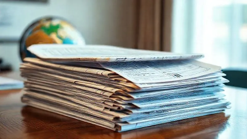 A photorealistic, professional photography, 8K, cinematic lighting, sharp focus, depth of field, shot on a high-end DSLR, showing a stack of complex, weathered Bills of Lading and shipping contracts, partially unfurled on a polished wooden desk, with a globe subtly blurred in the background, symbolizing the global reach and intricate legal nature of maritime agreements.