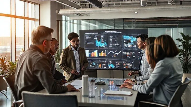 A photorealistic, professional photography, 8K, cinematic lighting, sharp focus, depth of field, shot on a high-end DSLR, depicting a diverse team of logistics and maritime professionals in a modern office, engaged in a collaborative discussion around a large digital display showing a supply chain risk assessment. The mood is serious but constructive, emphasizing teamwork and problem-solving.